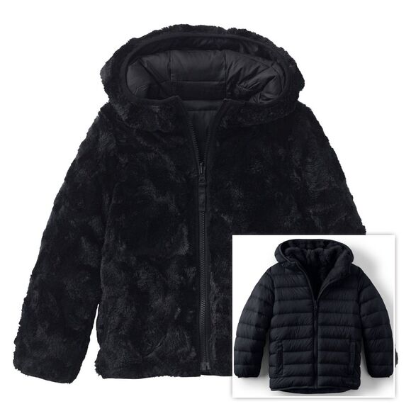 Land's End Unisex Kids Jacket Reversible Insulated Fleece Puffer Hood Sz L 10-12 - Picture 2 of 16